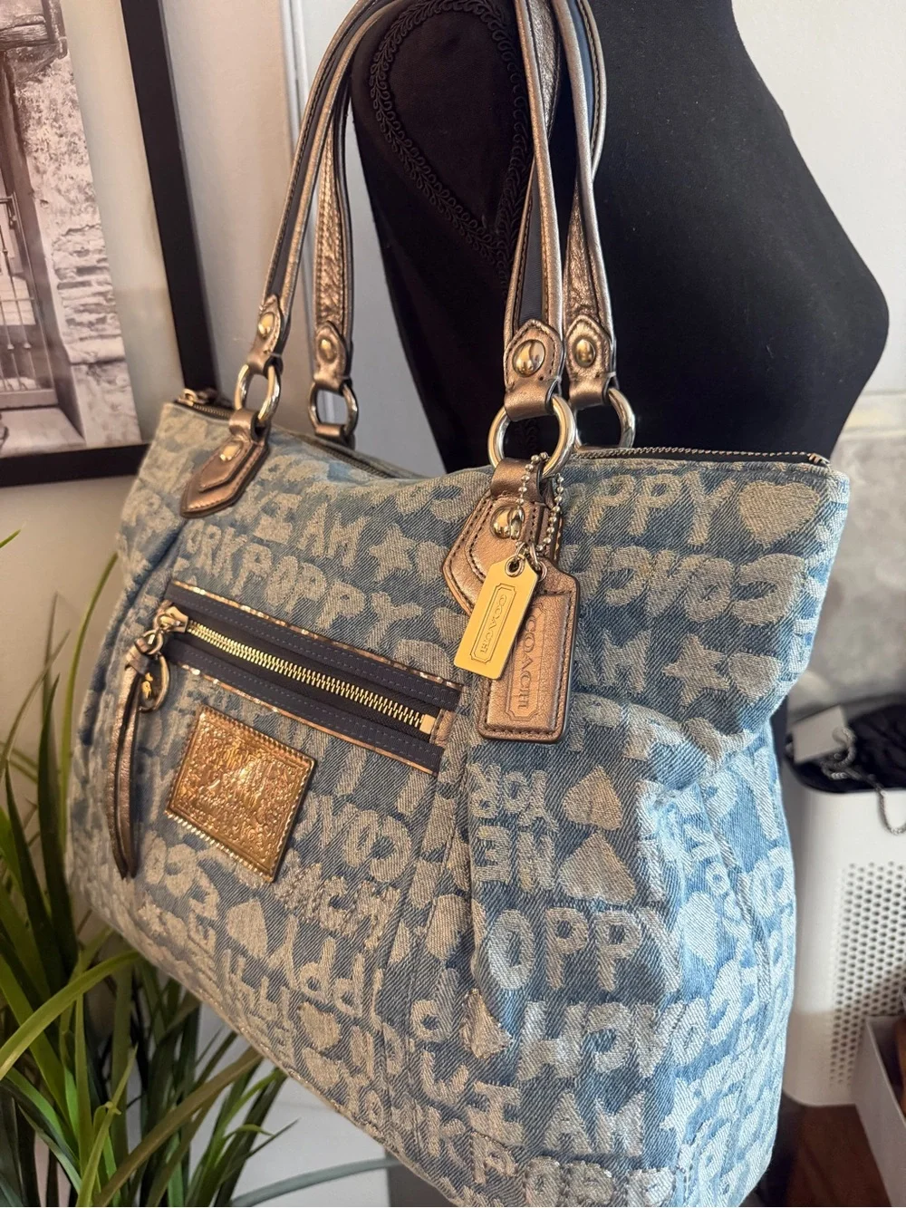 Coach Glam Denim Poppy Tote & Wristlet